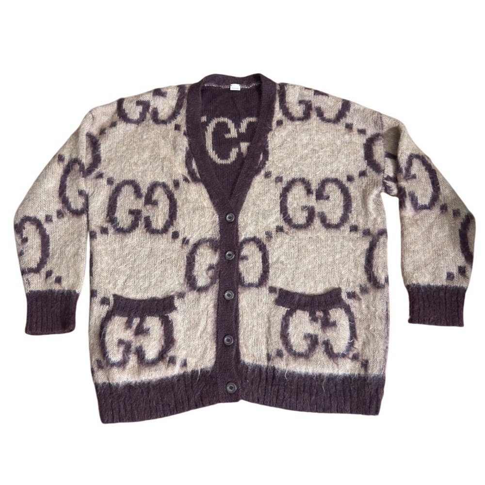 Gucci GG Monogram Mohair Wool Cardigan Brown Beige Oversized Knit Sweater M